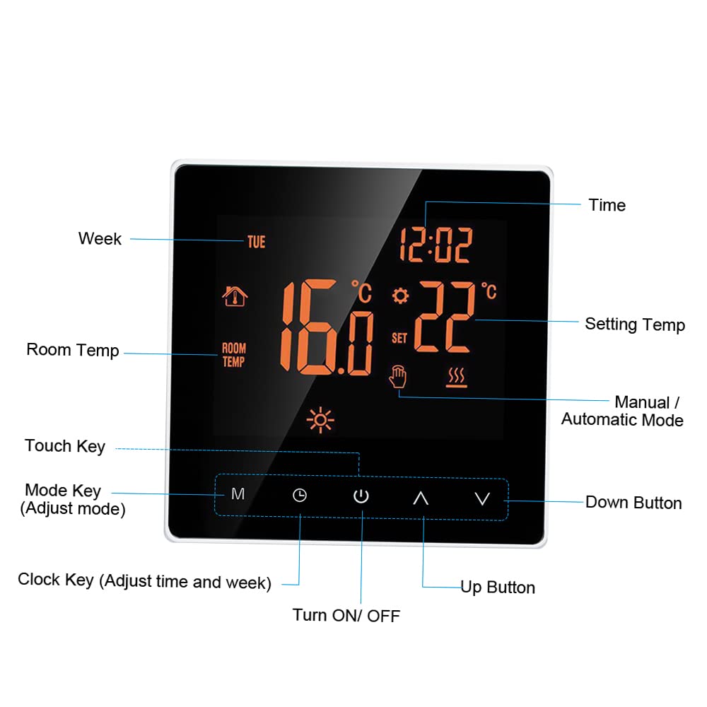 Matybobe Termostato digitale 16 A, regolatore di temperatura digitale, display LCD, touch screen, settimana, programmabile, termostato per Home School Arancione, Termostato per Riscaldamento