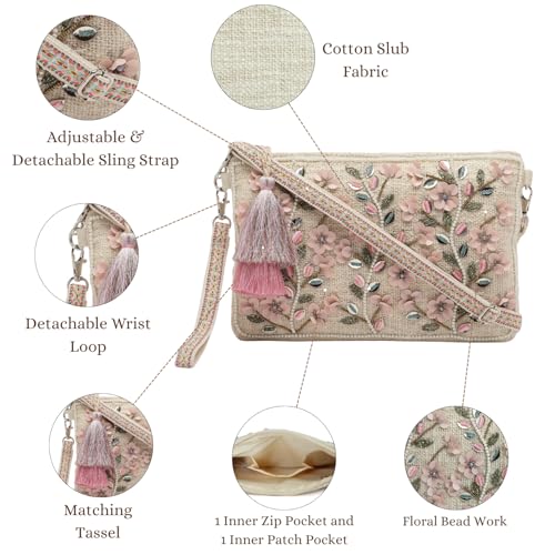 Image of Anekaant Cotton Sling Bag - Boho Floral Bead Work, Handmade Ethnic Crossbody Bag for Women