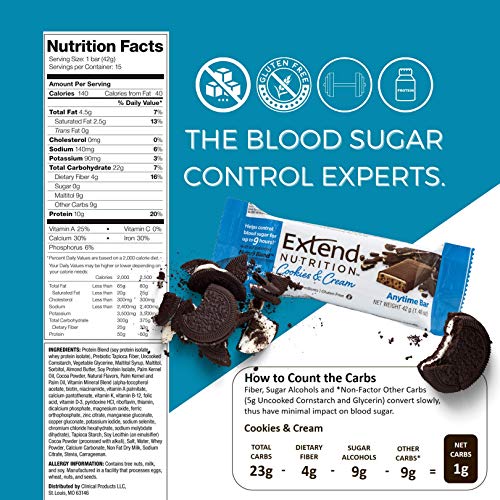 Extend Bar, Glucose Control, Low Sugar, Meal Replacement, 1.48 Bars, 15 Count, Cookies and Cream