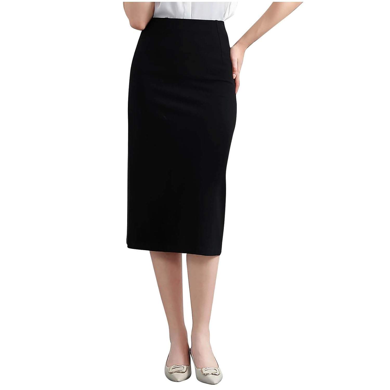 Womens Classic Below Knee Pencil Skirt Elastic Waist Stretch Midi Office Bodycon Fitted Skirt for Business Casual