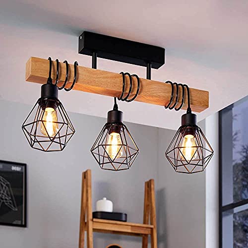 Suspension bois 3 lumières style industriel cage E27