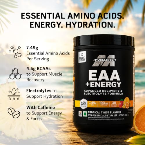 Image of MuscleTech Eaa + Energy | Essential Amino Acids + 100Mg Caffeine | Replenish Electrolytes | Ultimate Recovery 7.4 grams Eaa | 4.5 grams Bcaa | 3 grams Leucine | 30 Servings | Tropical Twist