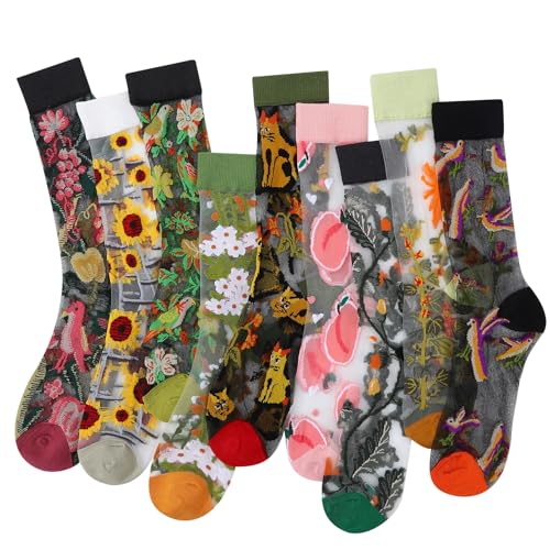scenicamp 9 Pairs Vintage Flower Sheer Socks for Women Glass Silk Socks