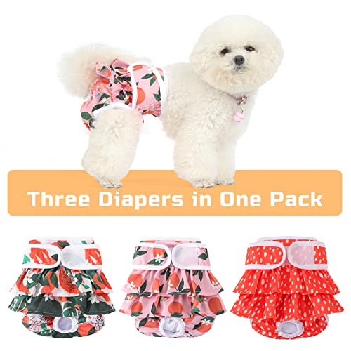 Image of Reusable Dog Diapers Female 3 Pack Washable Premium Highly Absorbent Doggie Diapers, Flexible Puppy Diapers, Durable Leak-Proof Fruit Dog Diapers for Period Heat Incontinence Puppy Training, XS