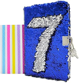 VIPbuy Reversible Sequin Notebook Diary with Lock and Key Lined Travel Journal w/ Photo Corner for Kids Girls Boys Gift, Size A5 (215 x140mm), 156 Pages, Blue to Silver