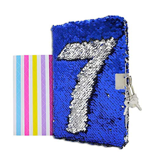 VIPbuy Magic Reversible Sequin Notebook Diary Lined Travel Journal with Lock and Key for Kids Girls, Size A5 (8.5” x 5.5”), 78 Sheets (Blue to Silver)