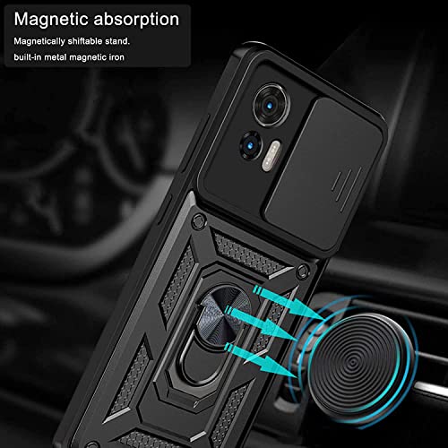 Image of Heavy Duty Back Case Cover for Moto Edge 20 Fusion 5G, Shockproof Moto Edge 20 Fusion Back Cover, Ring Case with Kickstand and Camera Protection Shutter - Black