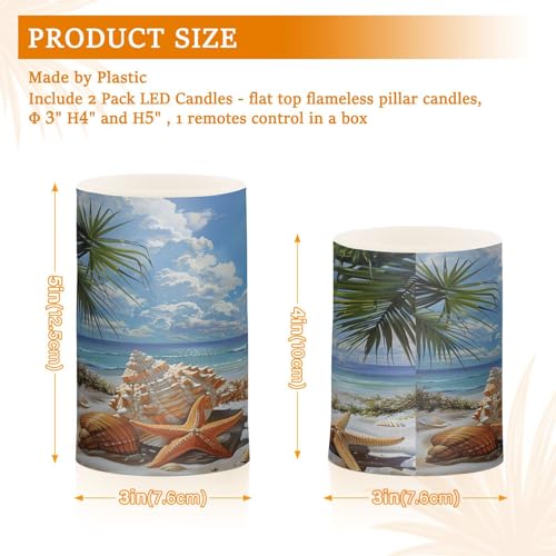 Image of Flickering Flameless Candles, Starfish Seashell Beach Palm LED Candles with Remote Timer, Set of 2 Battery Operated Candle for Valentine Wedding Birthday