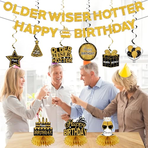 Image of Kuxriox 11Pcs Happy Birthday Decorations Kit for Men Women, Black Gold Happy Birthday Banner, Older Wiser Hotter Glitter Banner Party Supplies, Bday Decor Centerpieces Swirls Table Topper Sign