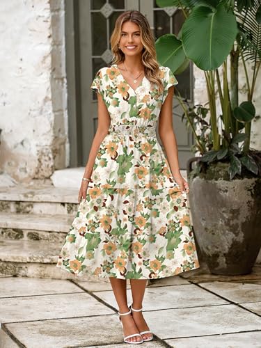 Image of BerryGo Women's Floral Boho Ruffle Summer Midi Dress Short Sleeve V Neck Empire Waist Swing Flowy Dress