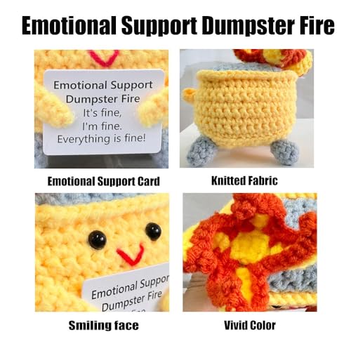 Image of RovyFota Handmade Crochet Dumpster Fire Plush - Stress Relief Amigurumi for Adults & Teens, Funny Desk Decor, Emotional Support Gift for Coworkers, College Students, Roommates (Yellow)