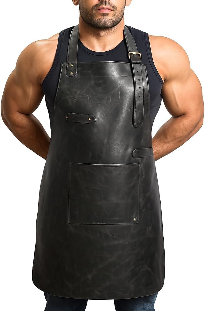Exquisito delantal de cuero hecho a mano en la India, regalo para entusiastas de la cocina, artesanía de calidad del chef (1 bolsillo, negro), Negro -, 33" x 23" inches