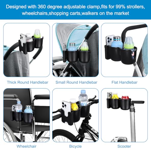 Image of Accmor Stroller Cup Holder with Phone Holder, Bike Cup Holder, Universal Cup Holder for Uppababy Nuna Strollers, 2-in-1 Drinks Holder for Walker, Wheelchair, Scooter