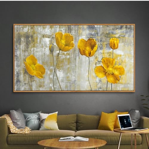 Peinture art mural abstrait moderne HOLEILUCK grand format 90x145 cm avec cadre doré
