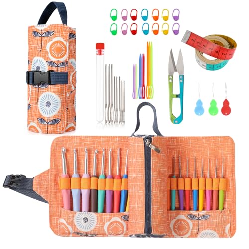 Image of Vodiye 21 Sizes Ergonomic Crochet Hooks Set 0.5-10.0mm with Roll Bag, Soft Grip Crochet Needles for Crocheting Comfort