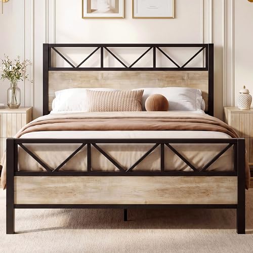 Image of LIKIMIO Queen Bed Frame, Tall Modern Headboard 51.2 inch, Platform Bed Frame with Strong Metal Support, Solid and Stable, Noise Free, No Box Spring Needed, Easy Assembly, White Maple