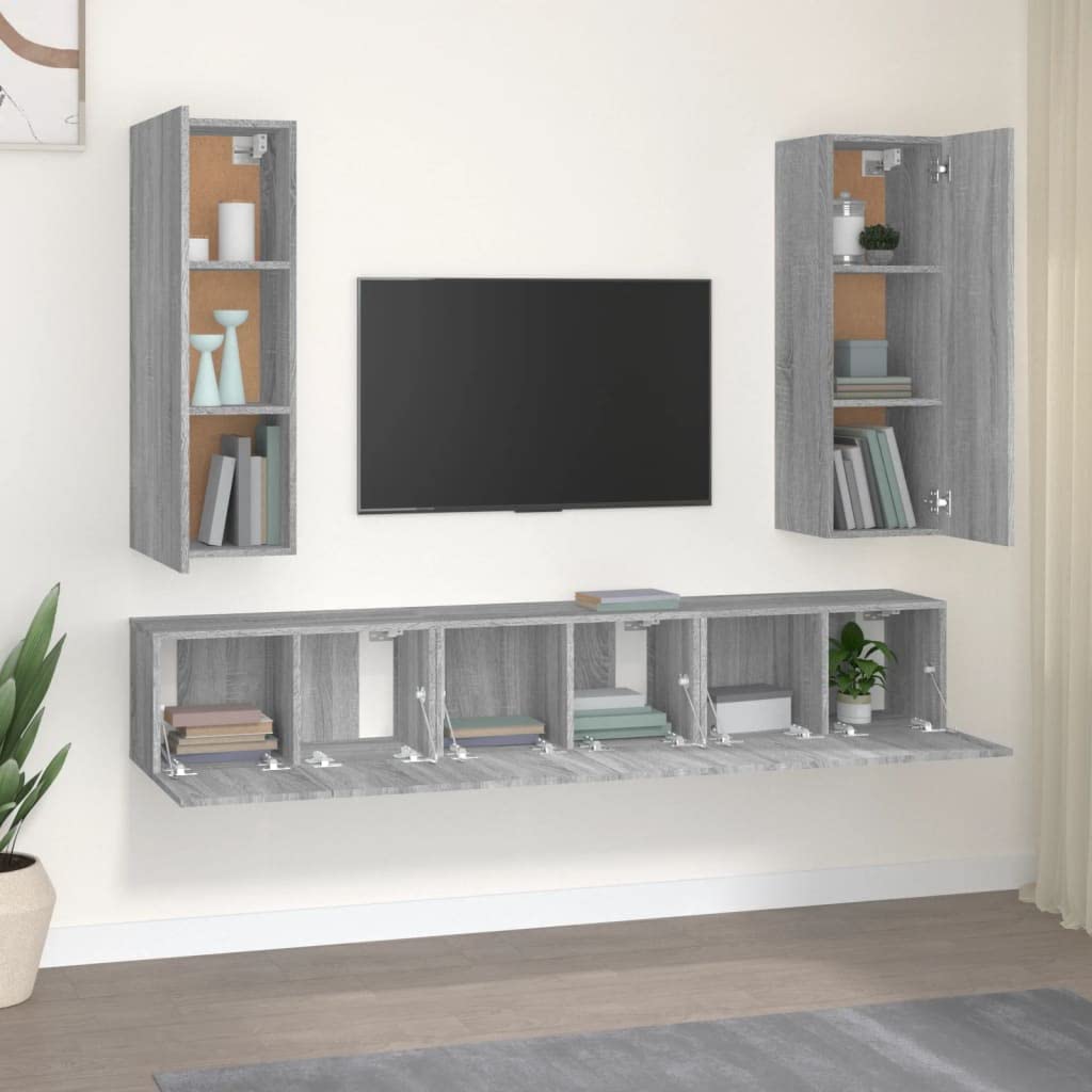 5-TLG. TV-Schrank-Set Grau Sonoma Holzwerkstoff, Hängendes Lowboard für Wohnzimmer, Modernes Media-Center mit Viel Stauraum, Robust & Feuchtigkeitsbeständig