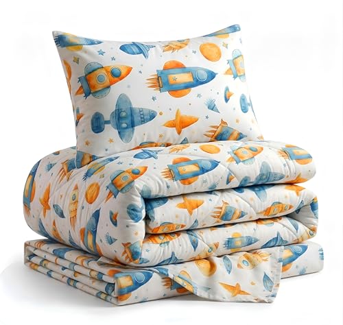 Image of VAS COLLECTIONS Single Bed Comforter Set 220 GSM Microfiber | Ultra Soft AC Comforter with Flat Bedsheet (60x90 Inches) & 1 Pillow Cover | 3 Pc Bedding Set (Rocket Print) | 3 Pc Bedding Set
