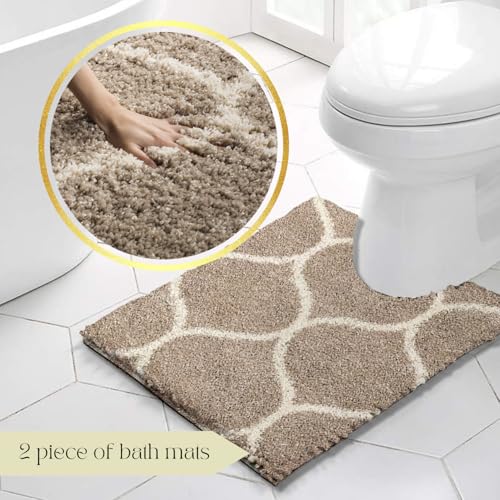 Image of Beige M Bath Rug Set - Durable Bathroom Mats, Bath Mat + U-Shaped Contour Toilet Rug, Machine Washable, Modern Bathroom Decor - (50x60 cm + 40x60 cm)
