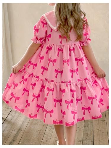 MakeMeChic Girl's Bow Knot Puff Sleeve A Line Dress Ruffle Tiered Collared Summer Midi Dresses2