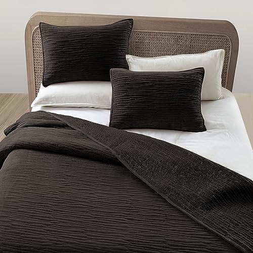 Image of Wonderful Velvet Quilt Set - Wood-Grain Stitched Brownish Black Quilt Queen Size, Velvet Lightweight Comforter with 2 Pillow Shams, Luxurious Suede Bedspread Coverlet for All Season, 94 inchx94 inch