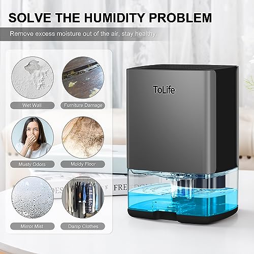 ToLife Dehumidifiers for Home 30 OZ Water Tank with Auto-Off 500 sq.ft Portable Small Dehumidifier for Bathroom Bedroom RV Closet Room 7 Colors LED Light, Gray