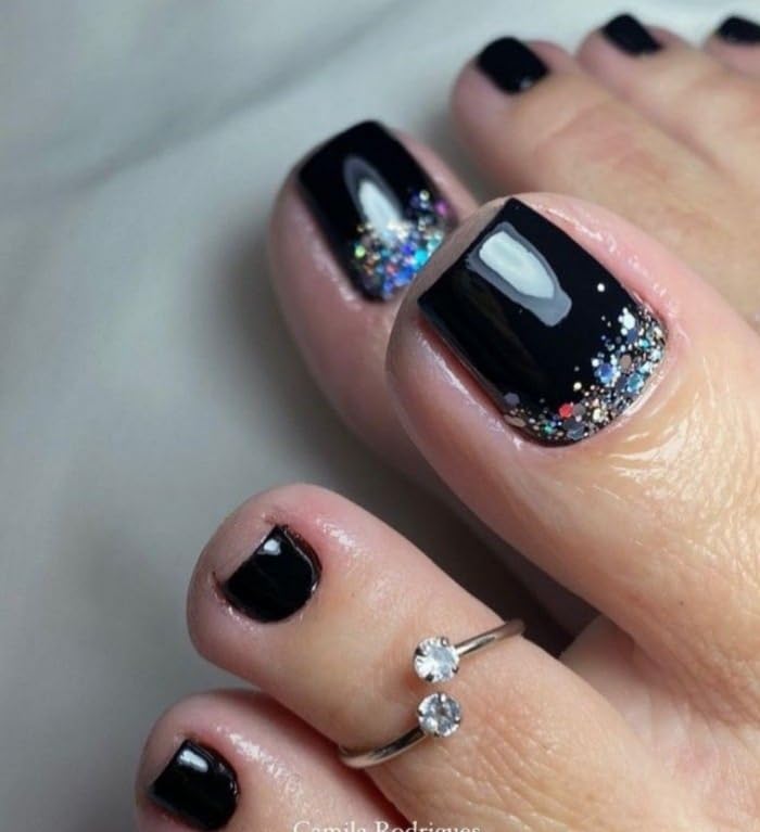 FWS Artificial Press On Toe Nails Art Set, Reusable Stick On Toe Nails Glossy Black Holographic Glitter Ombre (Set Of 24) With Nail Glue, Nail file, cuticle pusher, cleaning wipe-image-33