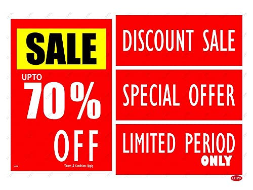 Image of LEPPO Sale Upto 25% I 50% I 70% Off & Discount Sale, Special, Limited Period Self Adhesive Laminated Poster & Stickers Use for Retail Stores, Shops, Malls - Combo Pack RED (70% OFF, 4 Pc Qty)