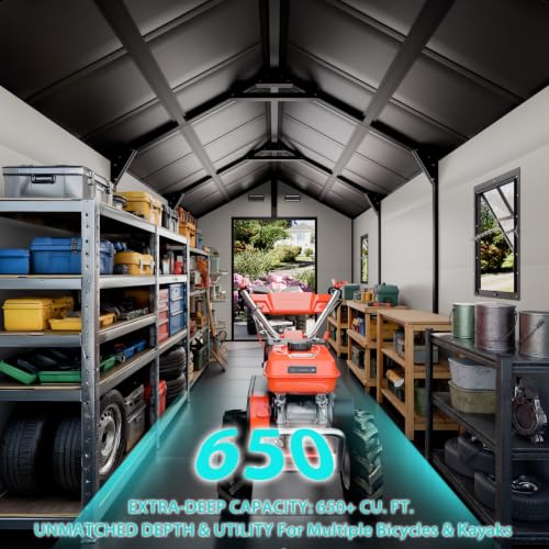 8x14 FT Extra-Deep Resin Storage Building with Floor, 16mm Thick Panels & 21-Gauge Steel Structure, Long Garden Shed with 2 Windows for Kayaks, Ladders,Bulk Equipment - Image 2