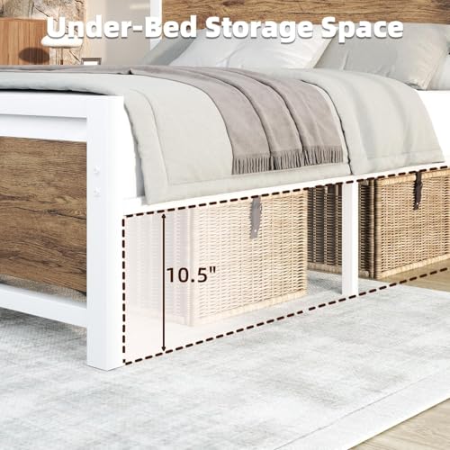 Image of Catrimown Twin Bed Frame with Headboard, Twin Metal Platform Bed Frame with Steel Slat Support, 10.5 in Under Bed Storage, No Box Spring Needed, Easy Assembly, White Brown