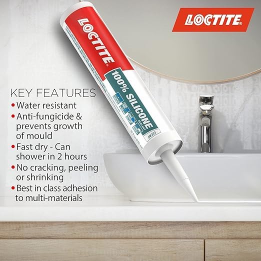 Image of Loctite 100% silicone sealant, Waterproof, No shrinkage, Dries in 10mins, Ideal for kitchen, bathroom, HVAC applications, Sealant for glass, ceramics, aluminum, steel, Transparent, 260ml