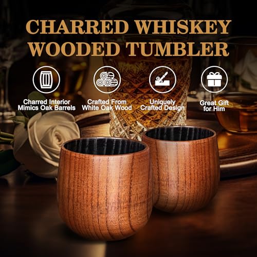 Image of Charred Wooden Bourbon Drinking Glass, Bourbon Gifts for Men - 10oz Wooden Old Fashioned Glasses Set Whiskey Tumbler | Birthday Whiskey Gifts for Men, Dad or Brother Original Bourbon Tumbler (2 Pack)