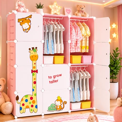 Image of Plastic Wardrobe for Kids Clothes - 12 Door Foldable Cupboard for Bedroom, Baby Clothes Storage Almirah with Doors, Collapsible Wardrobe Kids for Home (R5 Pink)