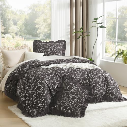 Image of Litanika Floral Ruffle Full Size Comforter Set, 3 Pieces Purple Farmhouse Aesthetic Soft Lightweight Fluffy Bedding Comforter Sets for Girls Women, All Season (79x90In Comforter, 2 Pillowcases)