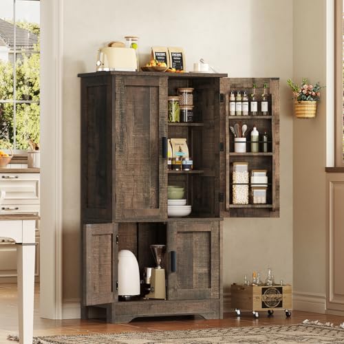 Image of TEENFON Storage Cabinet with 4 Doors, 43.3 inch H Farmhouse Kitchen Cabinet with 6 Door Shelves, Kitchen Storage Cabinets with Adjustable Shelves, for Living Room, Antique Oak