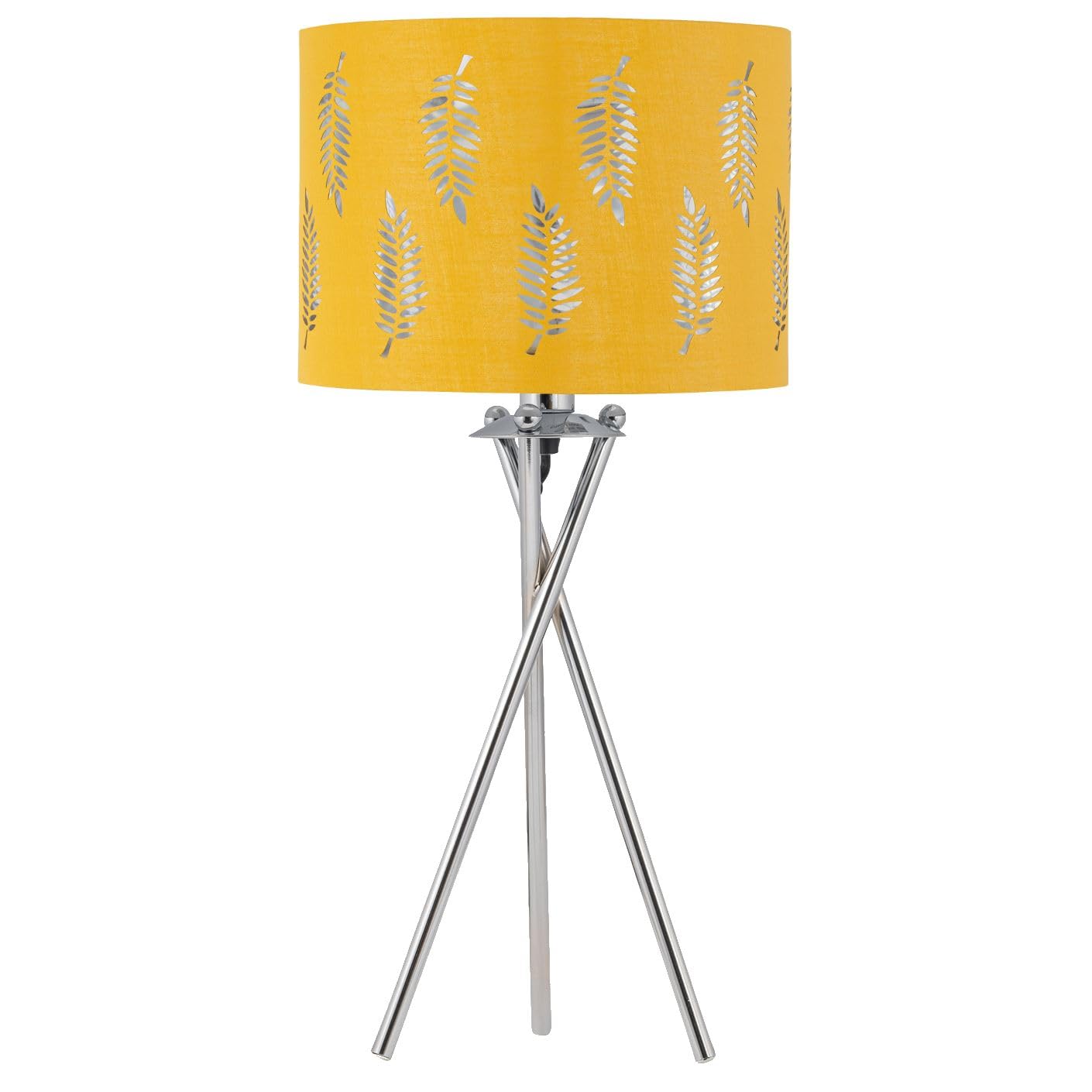 Firstchoicelighting Chrome & Ochre Tripod Table Lamp Or Bedside Light, Modern Design, Ochre Yellow Leaf Cut Out Shade, Height 52Cm, Led Compatible