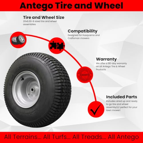 (Set of 2) 20x8.00-8 Lawn & Garden Mower Turf Tires - 4 Ply with Keyed Hub Wheel | Compatible with Husqvarna & Some Craftsman Models