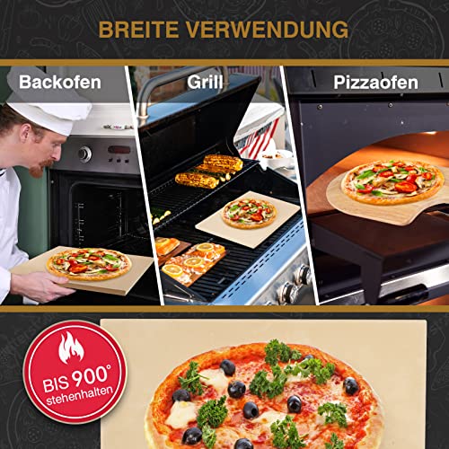 Foto von QNINE Pizzastein für Backofen & Gasgrill, 3er Set inkl. Pizzastein eckig aus Cordierit (38 x 30 x 1.5cm), Pizzaschieber aus Kautschukholz, Pizzaschneider