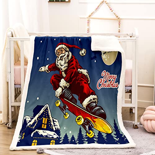 Krisin Christmas Kids Fleece Blanket Throw, Double-Sided Cashmere Blanket Plush Throw Blanket For Sofa Couch Single Bed, Machine Washable, Santa Claus Sledding Creative Print #TOP10