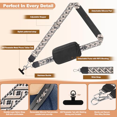 Image of YFWE Clip and Go Strap for Phone with Wallet Crossbody, Adjustable Phone Lanyard with Detachable RFID Wristlet Wallet, Pattern Strap - Black (L)