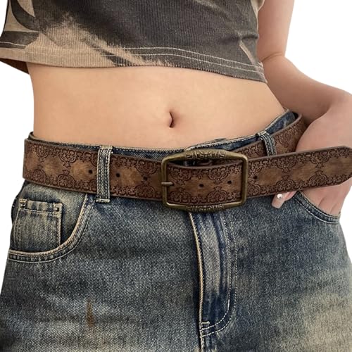 Western Strap for Women - Vintage Embossed Leather Bucket Belt Y2K Cowgirl Engraved Tooled for Jeans Pants