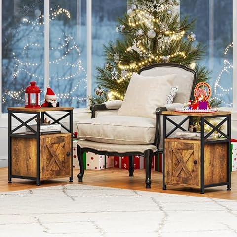 YITAHOME Rustic Brown Side Table with Charging Station Cover