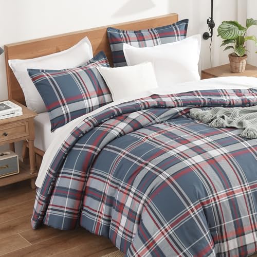 Image of Andency Navy Red Plaid Comforter Set Full(79x90Inch), 3 Pieces Grid Gingham Stripes Bedding Comforter Sets for Boys Girls Kids Teens, Preppy Geometric Line Soft Lightweight Reversible Bed Set as Gift