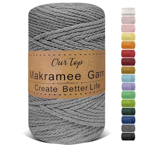 OurTop Premium Makramee Garn Grau 5mm x 110m Macrame Cord Makramee Schnur Makramee Kordel Garn für DIY Handwerk Weben Dekoration Hängepflanze Pflanze Aufhänger