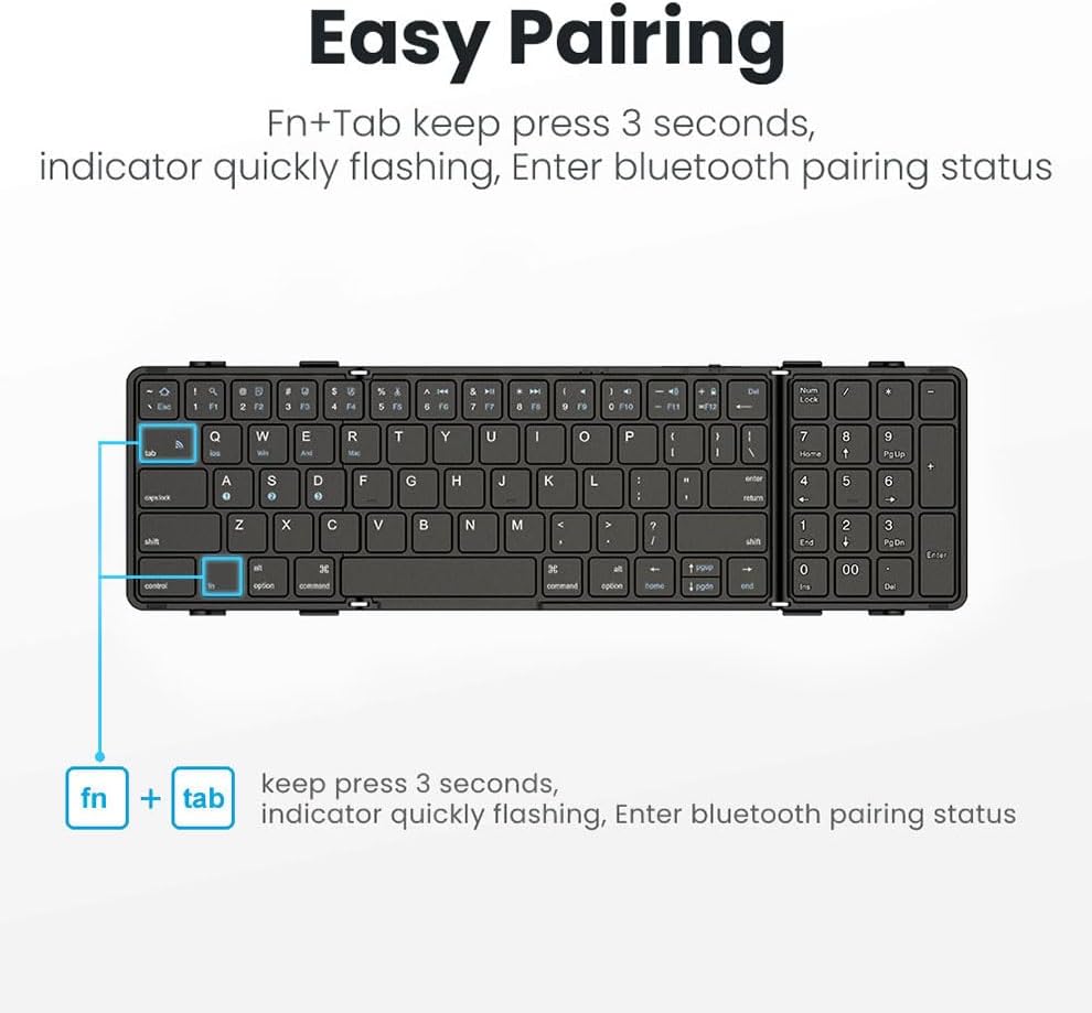 Miniatura 3 de Teclado Bluetooth plegable con teclado numérico, sin costuras, ultra ligero (8.3 onzas), teclado inalámbrico plegable de tamaño completo con teclado