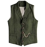 AeoTeokey Men's Tweed Suit Vest Western Herringbone Wool Casual Waistcoat for Groomsman (Army Green,Medium)