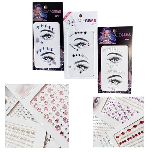 Adesivo Autocolante para Olhos Unha Cabelo e Rosto Face Jewels Carnaval e Festas - 3 Cartelas Sortid