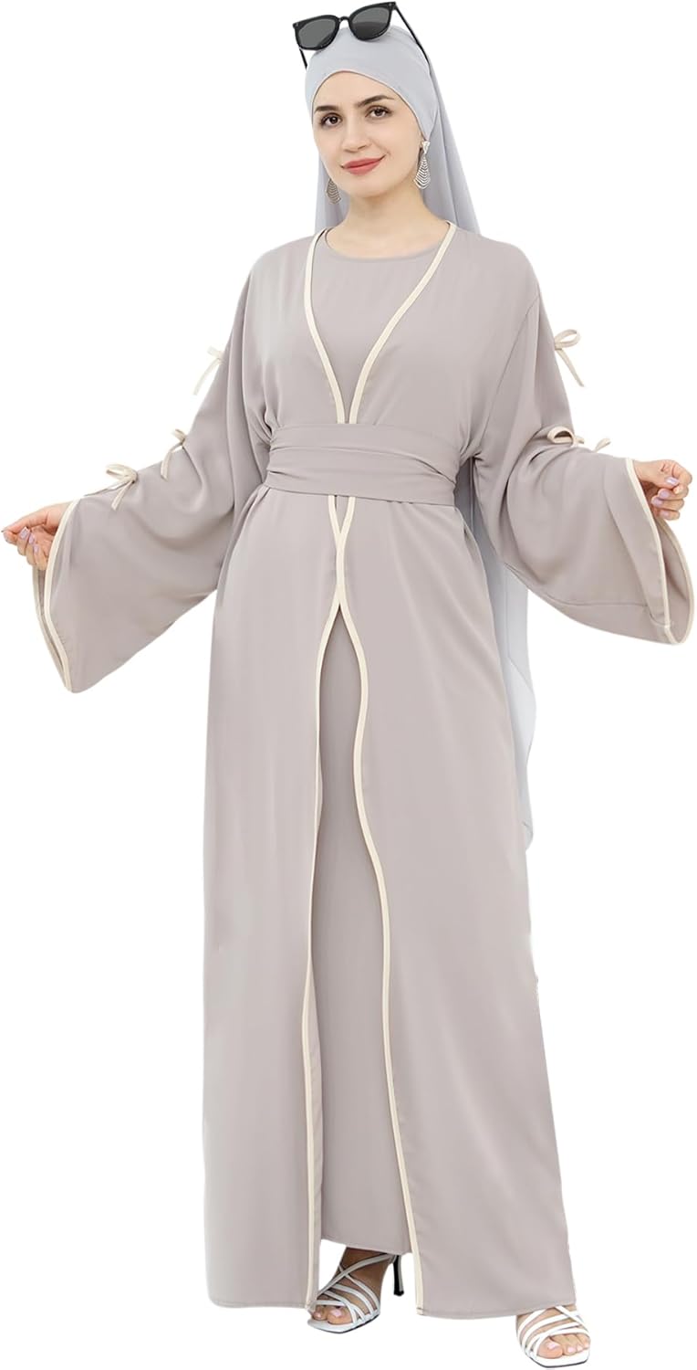 Abaya Dress for Women Muslim Bowknot Sleeves Islamic Prayer Casual Clothes Smooth Flowing Cardigan Dress - Image 3