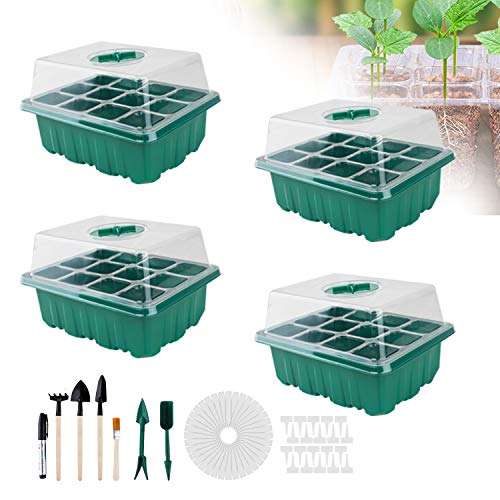 4 Stücke gewächshaus klein, Zimmergewächshaus Anzuchtkasten, Mini Gewächshaus Anzucht Set, Kunststoff Anzuchtschalen mit Gartengeräte Klein und Pflanzenetikett, 12 Löchern - Grün