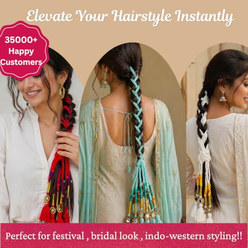Image of Zippy Flora Handmade Boho Parandi / Paranda Traditional Hair Accessory for Women & Girls | Ethnic Braided Hair Tassels, Choti Hair Extension, Decorative Braid Jewelry for Festive & Wedding Hairstyles (Neelima Turquoise Blue)